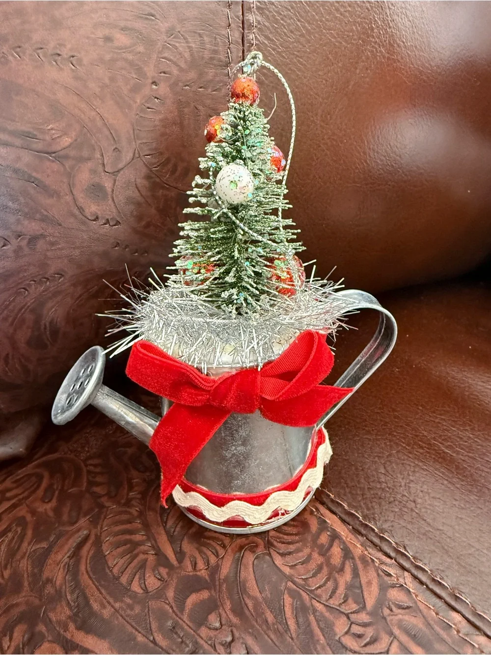 Cute watering can with Christmas tree Christmas ornament 6”